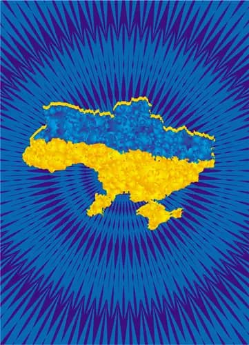 DMYTRO RYBIN:Map of Ukraine in the colors of the Ukrainian flag on the background of a blue openwork mandala.,2022