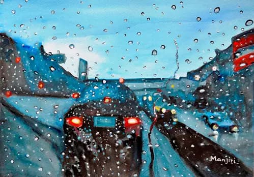 MANJIRI KANVINDE:Long drive on Highway romantic rainy painting,2020