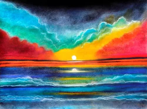 MANJIRI KANVINDE:Ocean Sunset colorful pastel painting,2021