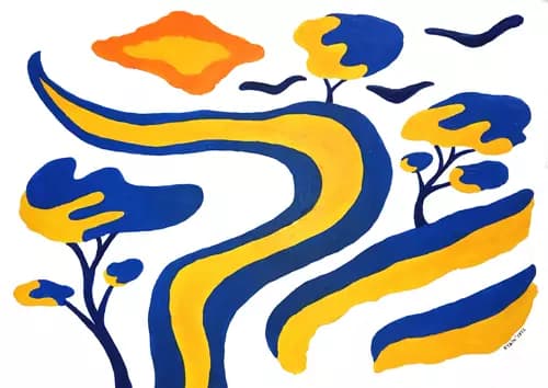 DMYTRO RYBIN:Abstract fantasy landscape in the colors of the flag of ukraine. Yellow and blue.,2022
