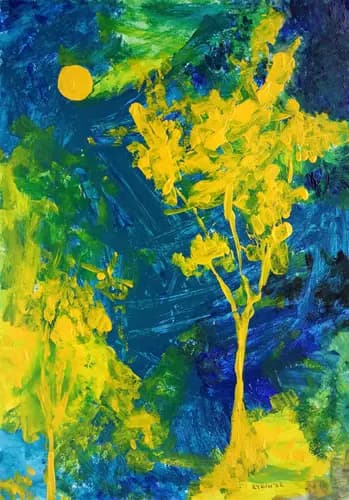 DMYTRO RYBIN:Abstract expressive night landscape in yellow-blue and green tones.,2022