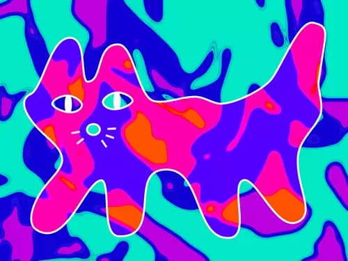 DMYTRO RYBIN:Silhouette fantastic crazy cat on a bright colored background. ,2022